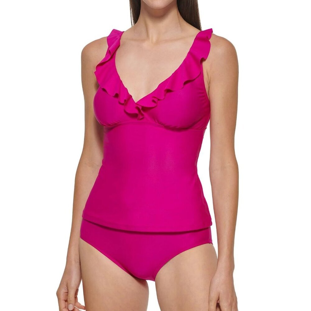 DKNY Ruffle V-Neck Tankini Set Pink Full Coverage XL 2 pc Swimsuit Fuchsia NWOT